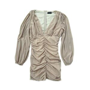 Pretty Little Thing Stone Mesh Ruched Balloon Sleeve Bodycon Dress - Size 12